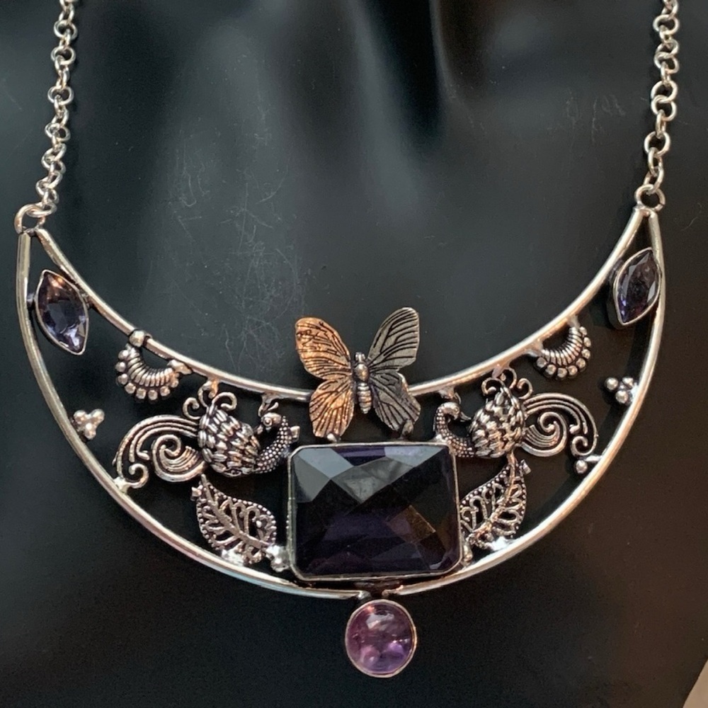 2308 Intricate Silver and Purple Necklace with Butterfly Accent